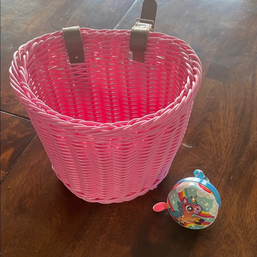 Adorable Pink Woven Bike Basket and Unicorn Bell Set!